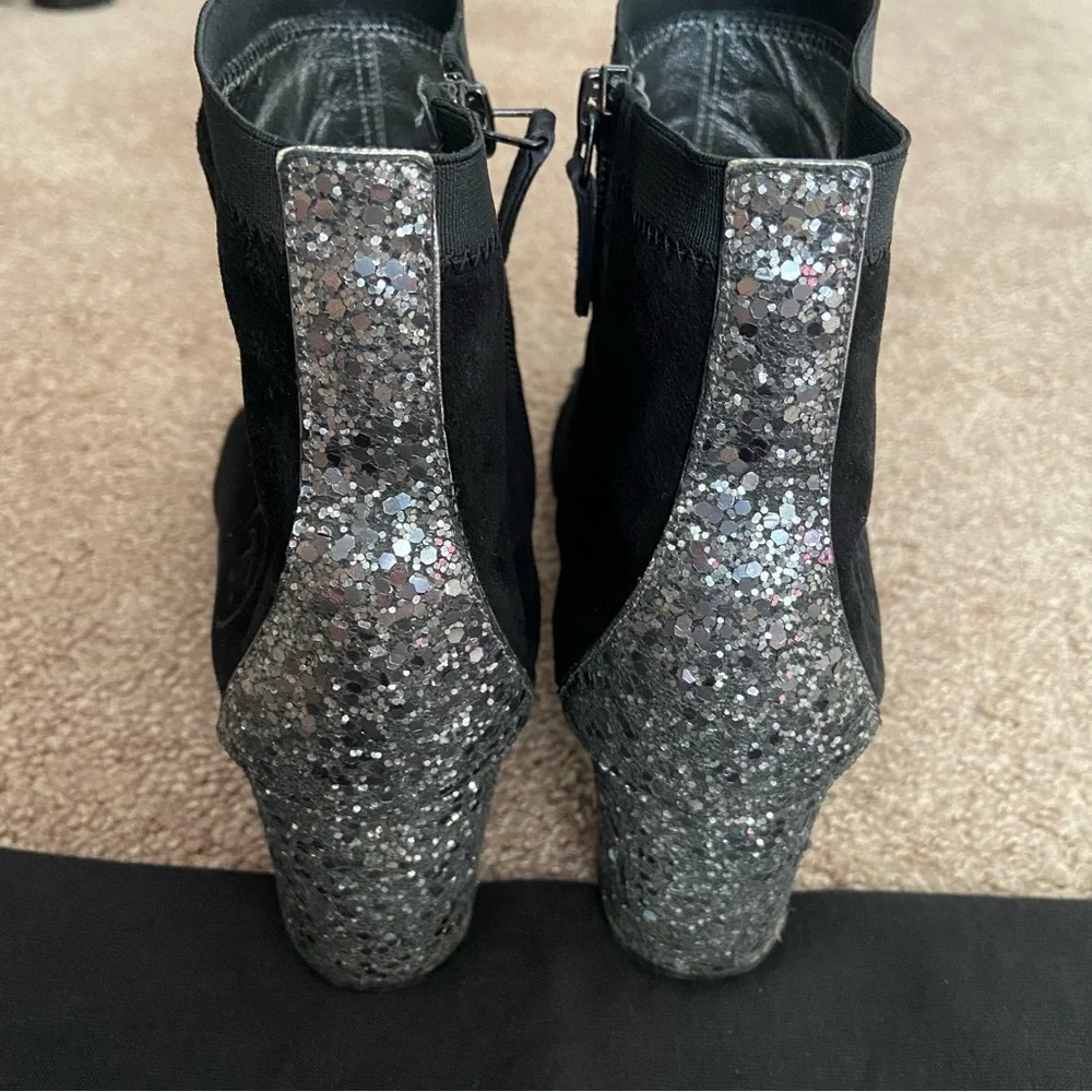 Chanel Black Suede Ankle Boots Booties with Glitters Heels and Toes